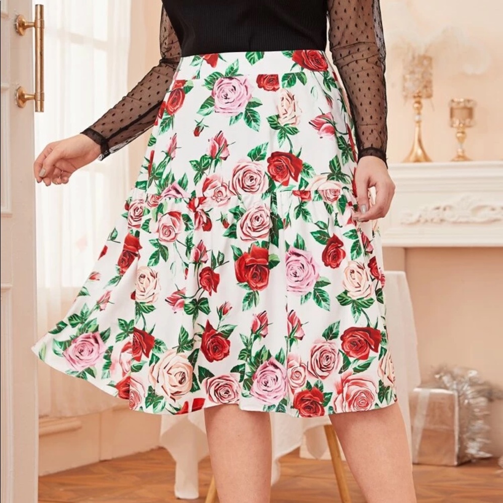 Floral Rose Print Midi Skirt Size 1X NWOT